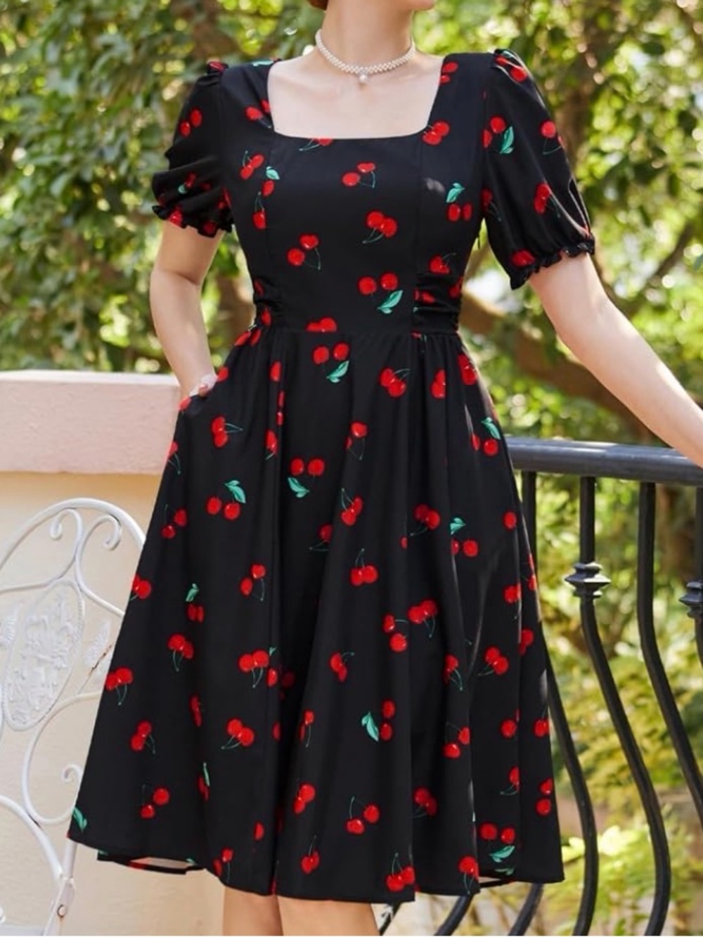 Black Cherry Print Midi Dress with Square Neck
